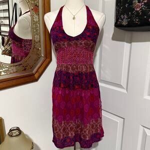 NWT Hollister Dark Fuchsia Pink Multicolor Floral Patchwork Halter Mini Dress